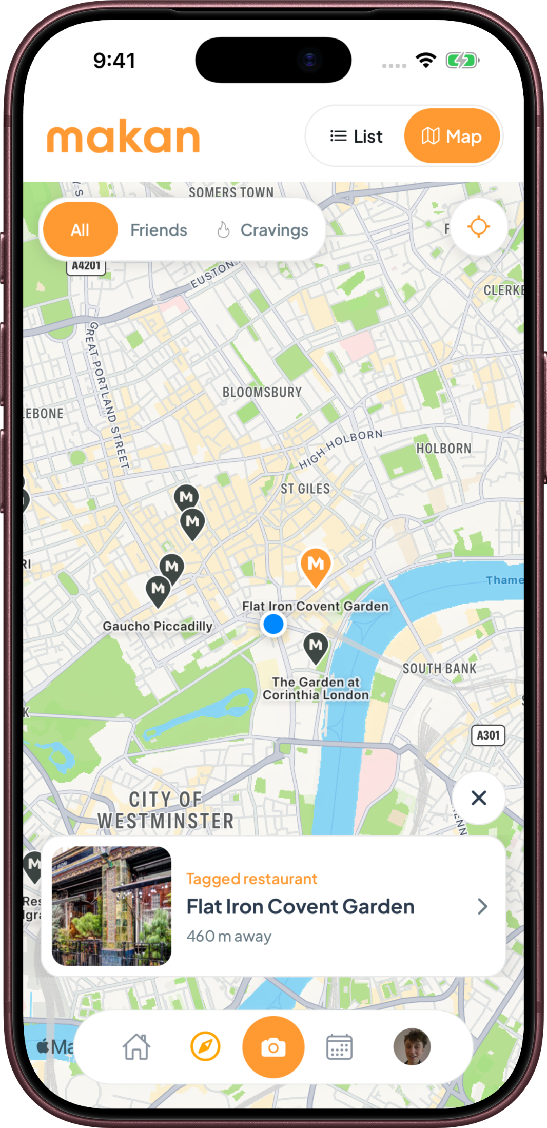 Discover on Makan, showing Flat Iron Covent Garden on a map of London